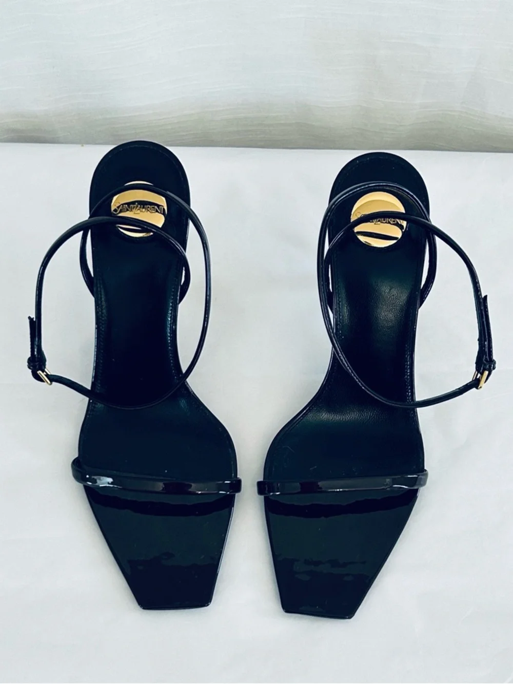 Saint Laurent Designer Patent Leather Strappy Sandals with Gold Heels - Picture 11 of 13